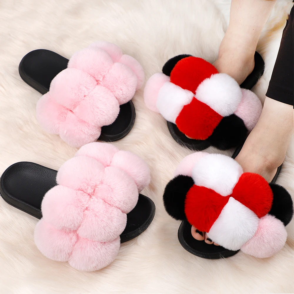 

Fluffy fur ball fur slides slippers trendy woman sandals new arrivals 2021 sandals for women and ladies, Customized color