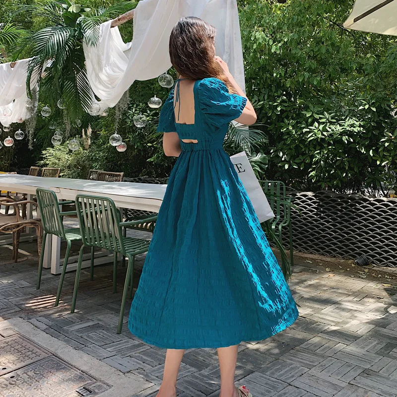 

New Soft Fashion Style Wholesale Square Neck Puff Sleeve Tie Back Open Backless Solid Color Fit and Flare Dress