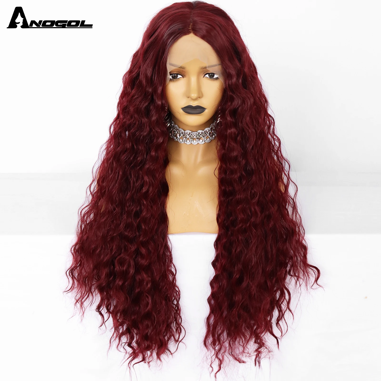 

Anogol Long Red Synthetic Kinky Curly Lace Front Wigs with transparent swiss lace color for Women