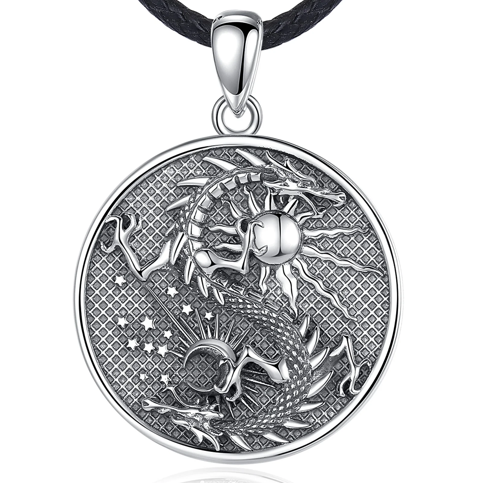 

Merryshine Jewelry Fashion 925 Sterling Silver Engraved Sun and Moon Dragon Amulet Pendant Necklaces for Men