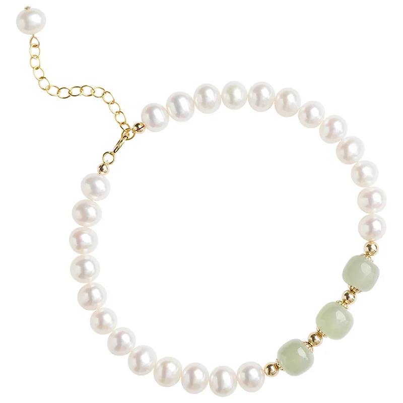 New Chinese Natural Freshwater Pearl Bracelet for Women Copper Electroplated 14k Gold Handwoven Fashion Jade Retro