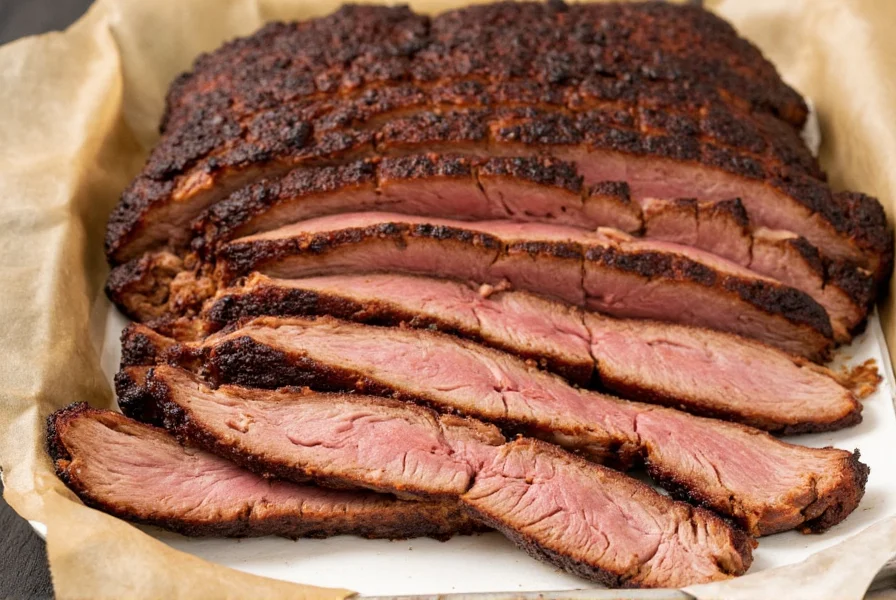 Sliced brisket served on a platter with fresh herbs and side dishes