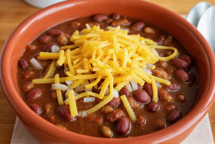 Authentisches Blue Ash Chili mit Spaghetti, Cheddar, Bohnen und Zwiebeln in traditioneller Schüssel