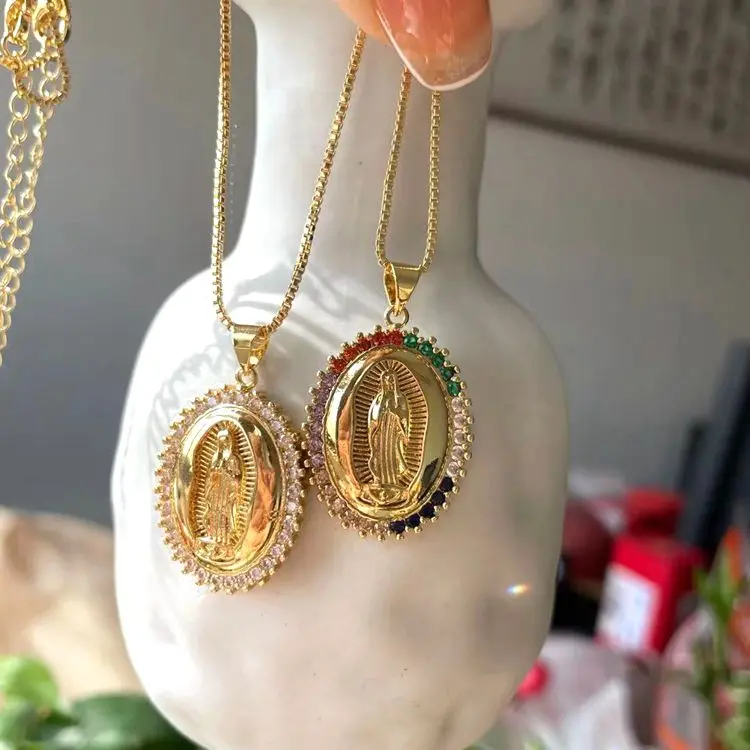 

Whoesale Price Jialin jewelry ins 18k gold jewelry religious round cz diamond virgen de guadalupe necklace