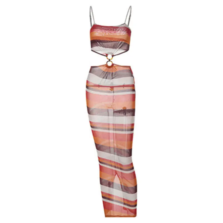 

See Through Mesh 2021 Summer Women Sexy Stripe Print Sleeveless Bodycon Long Skinny Fashion Party Dress