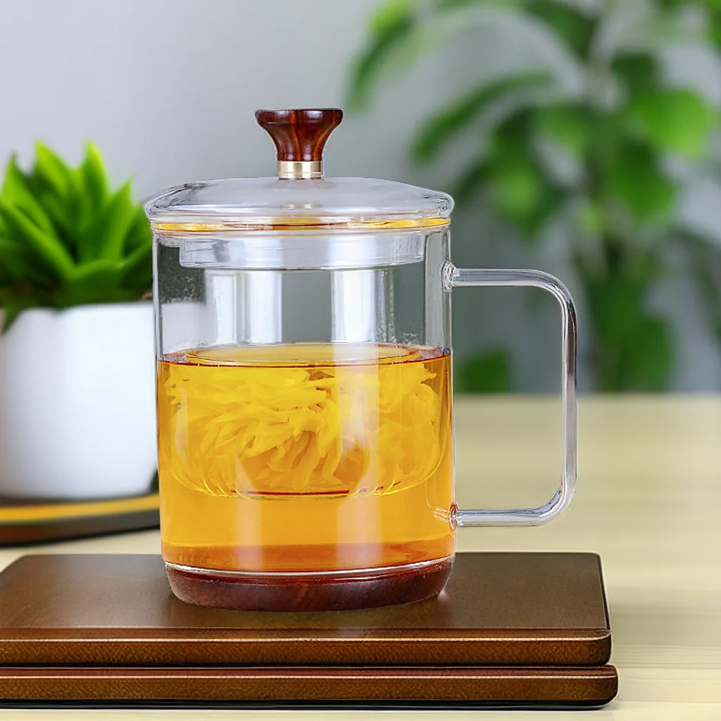 400ml wooden bottom High Borosilicate Glass tea Cup with glass infuser and handle 3 pcs set
