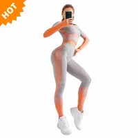 

Seamless 2 piece women sport suit gym workout clothes long sleeve fitness crop top hip lift leggings yoga set