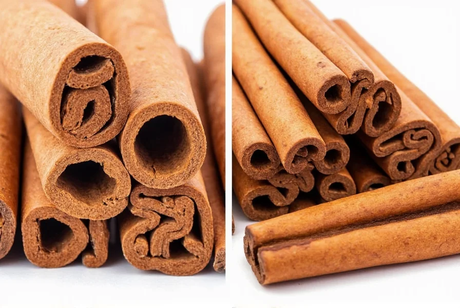 Close-up comparison of Ceylon cinnamon quills versus Cassia cinnamon sticks showing the layered structure of Ceylon and the single thick layer of Cassia