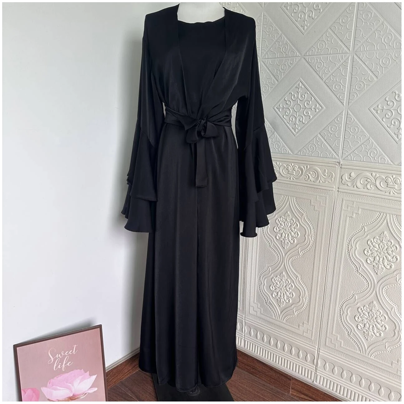 

Fast Shipping Muslim Dresses Dubai abaya Cardigan with Tie Solid Colour Islamic Ethnic Classic Dress abaya Dresses