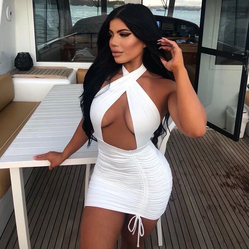 

womens white casual bodycon halter dresses sexy lace up club stacked mini dress 2021 summer