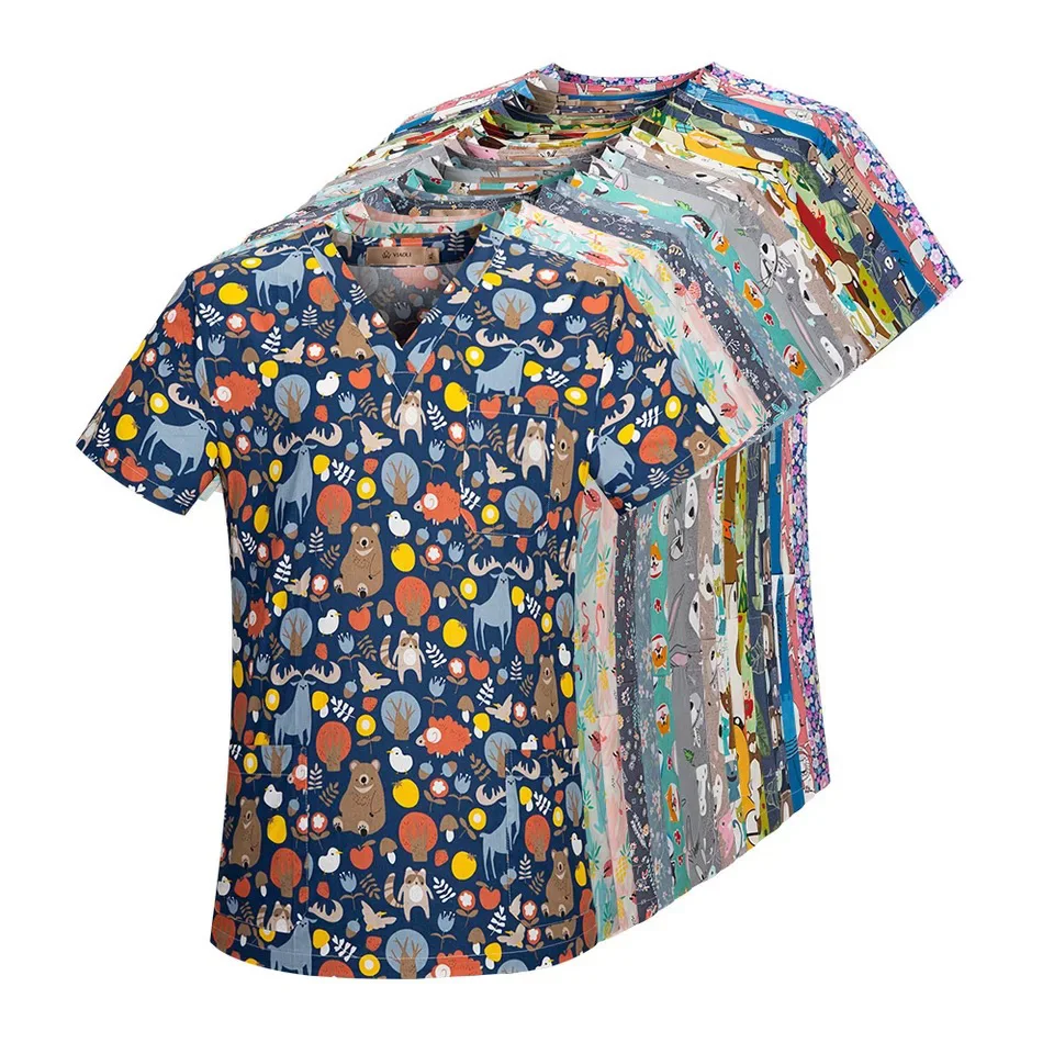 

Cotton Cartoon Print Spa Uniforms Fashion Scrub Lab Coat, As pictured or customized