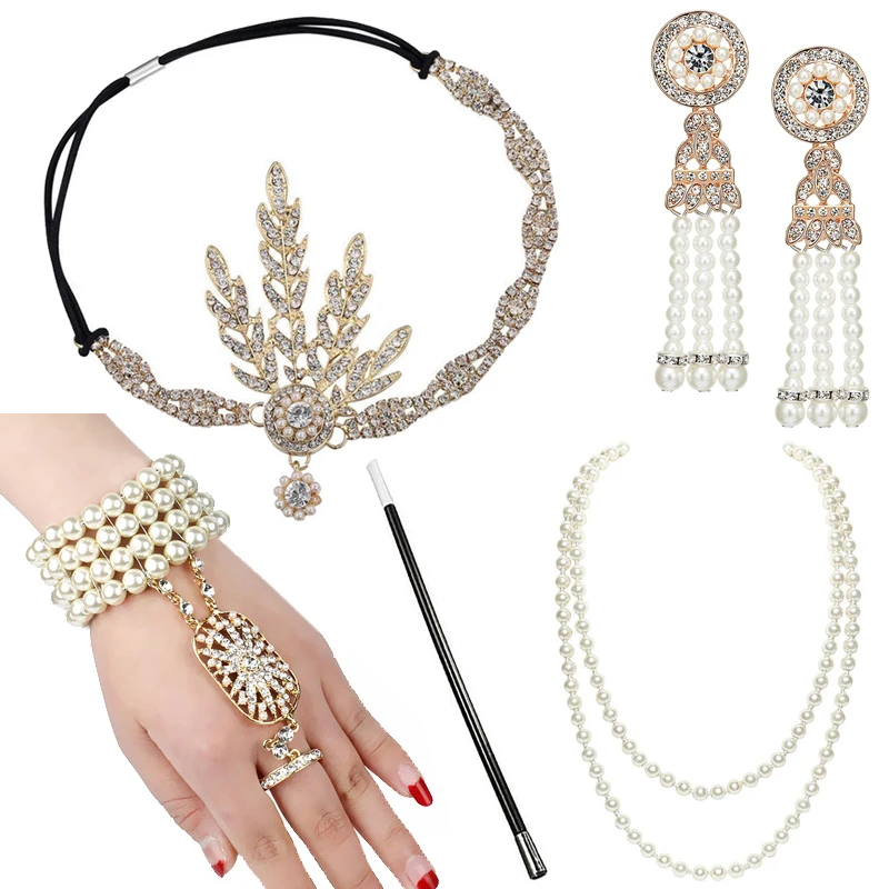 

1920s Great Gatsby Accessories Set for Women 20s Costume Flapper Headband Pearl Necklace Bracelet Earring Cigarette Holder