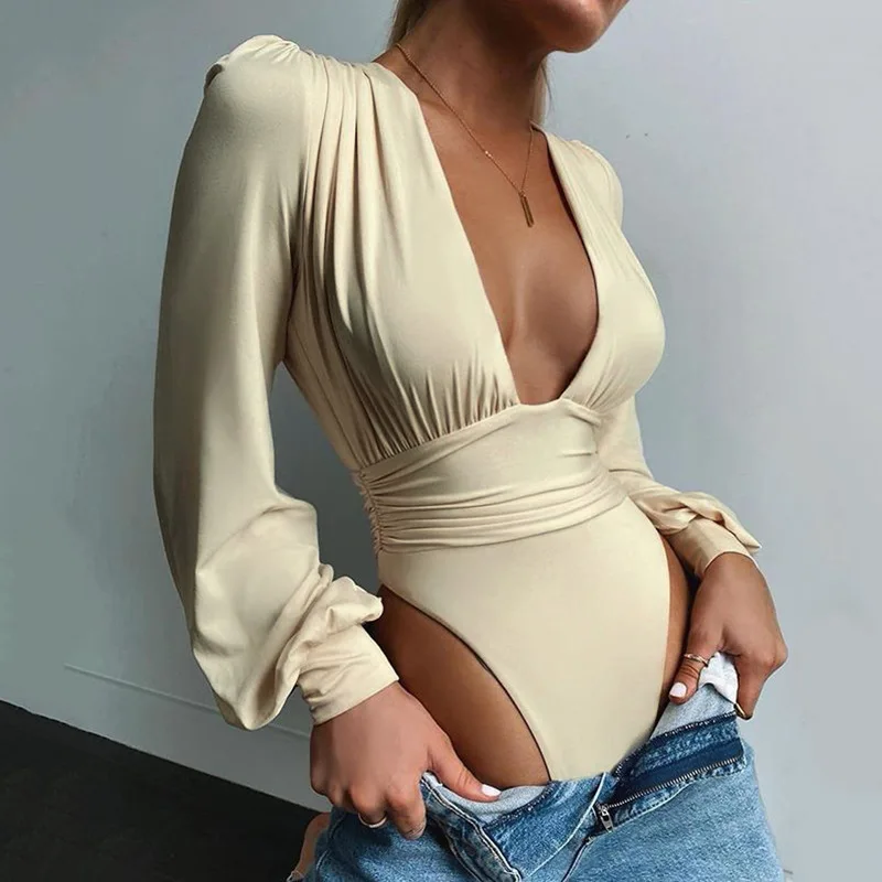 

Jumpsuits Long Puff Sleeve Deep V-Neck Casual Sexy Bodysuits Blouses Top Clothing for Women Fall Fashion 2020, Shown