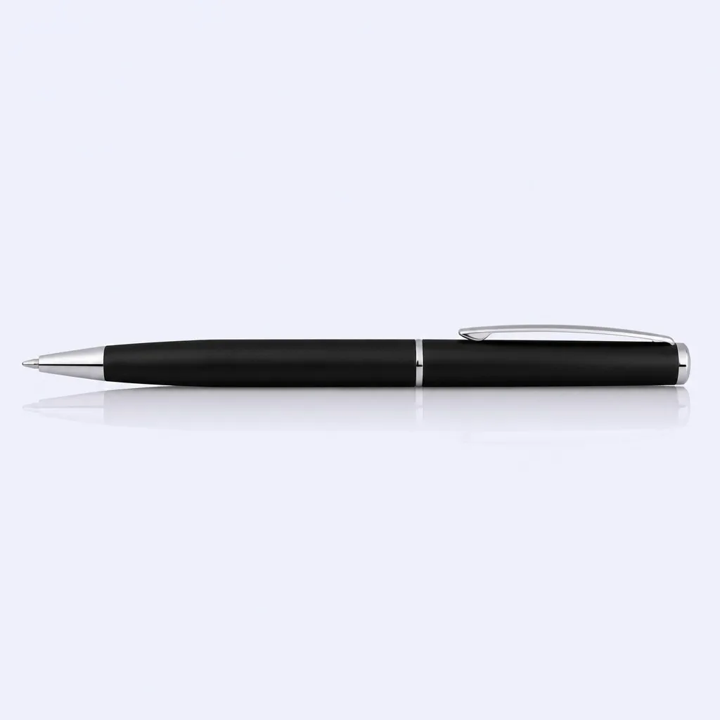 Matte black pen lying horizontally with a soft reflection beneath