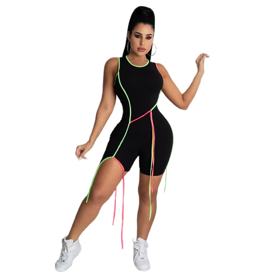 

2021 Spring Colorful Ribbons Sleeveless O-Neck Short Jumpsuit Sporty Skinny Athleisure Biker Playsuits