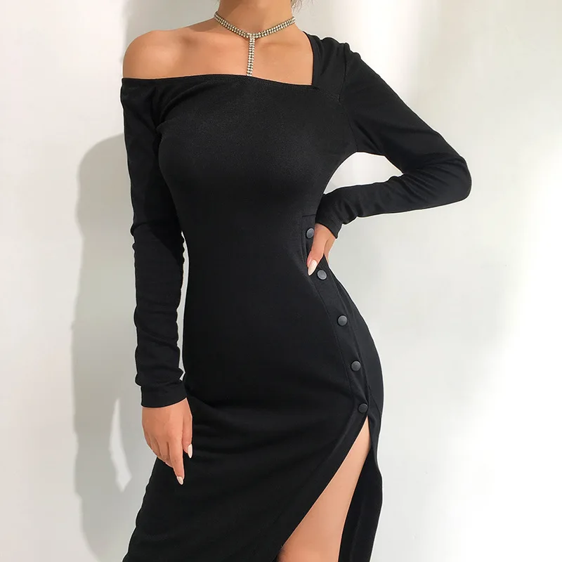 

s478a 2021 New irregular sexy oblique shoulder-split bag hip high waist MIDI dress black in stock