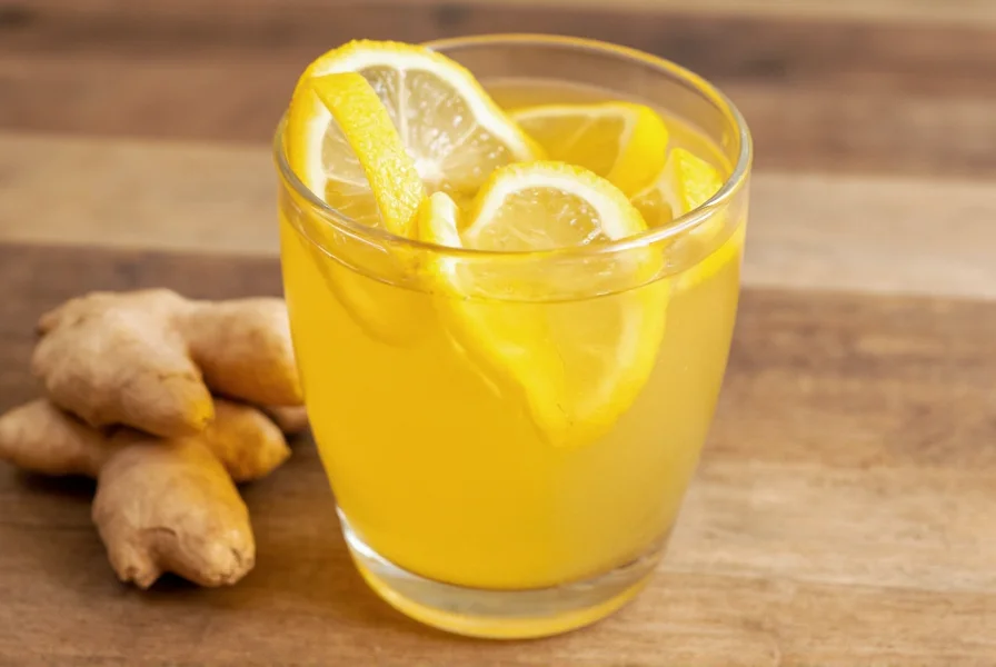 Glass of golden ginger lemon water with fresh ginger slices and lemon wedge on wooden table