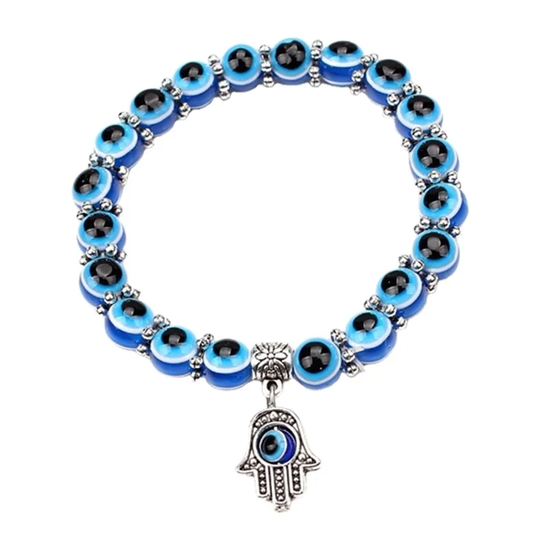 

Amazon Simple Palm Fatima Hand Blue Resin Evil Eye Bead Strentch Bracelet For Women