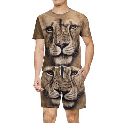 

Summer fashion 3d lion print special men's clothing two piece t shirt and short set men sweatsuit sets