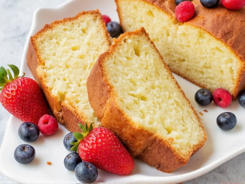 Sliced homemade pound cake with berries
