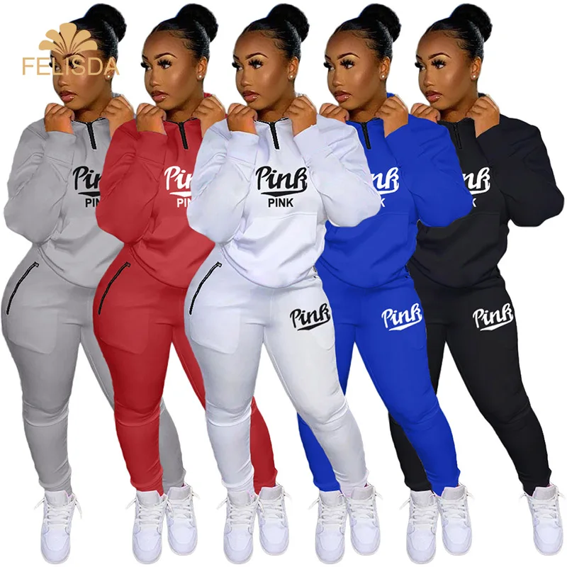 

FELISDA Pink Letter Print Two Piece Set Women Fitness Sportswear 2021 Autumn Long Sleeve Skinny Tops Elastic Leggings Tracksuit