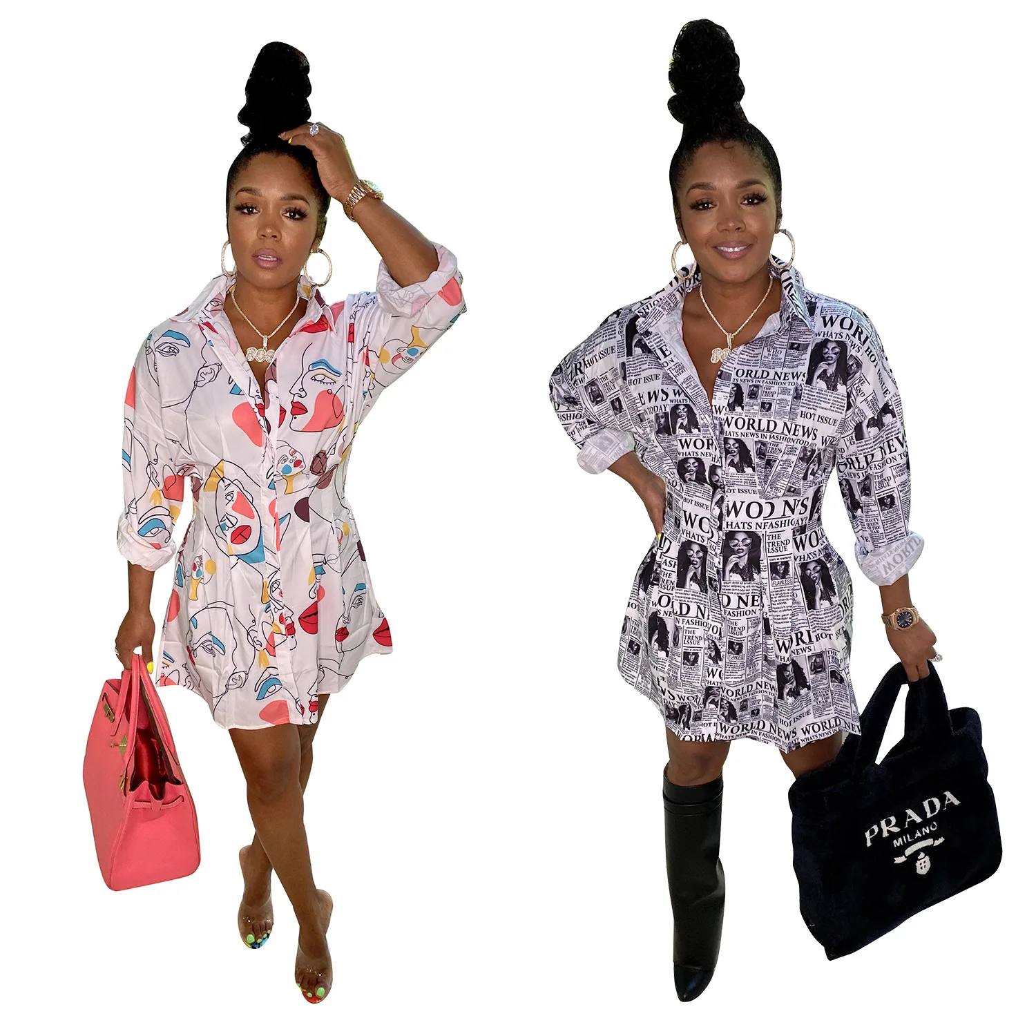 

OR-YBS86719 Woman fall dress women clothes long sleeve shirt buttons dresses women fashion printing casual dresses, Pink, newspaper