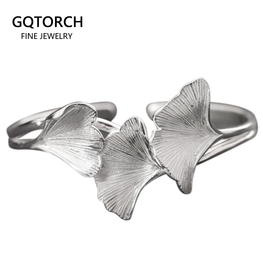 

Handmade Real Pure 925 Sterling Silver Bangles Women Ginkgo Leaf Opening Bracelets Elegant Vintage Thai Silver Fine Jewelry