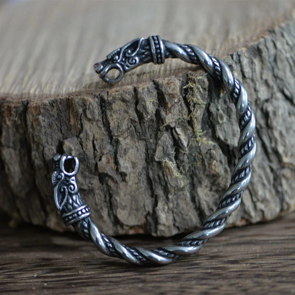 

LANGHONG Stainless Steel Men's Cuff Bracelet Men's Viking Wolf Head Bracelets Talisman Jewelry