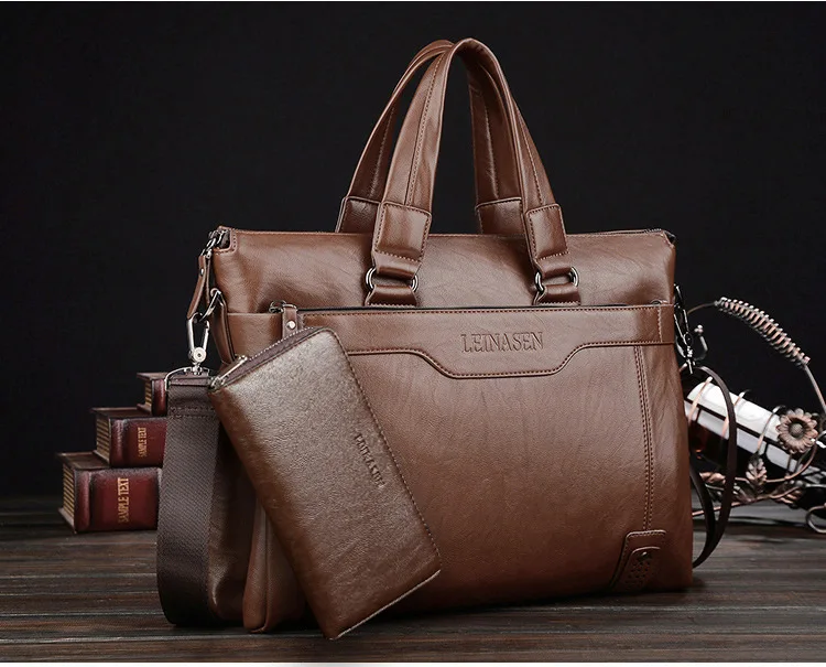 

Wholesale genuine leather handbag + wallet waterproof and scratch resistant diagonal men's laptop briefcase shoulder bag, Black brown