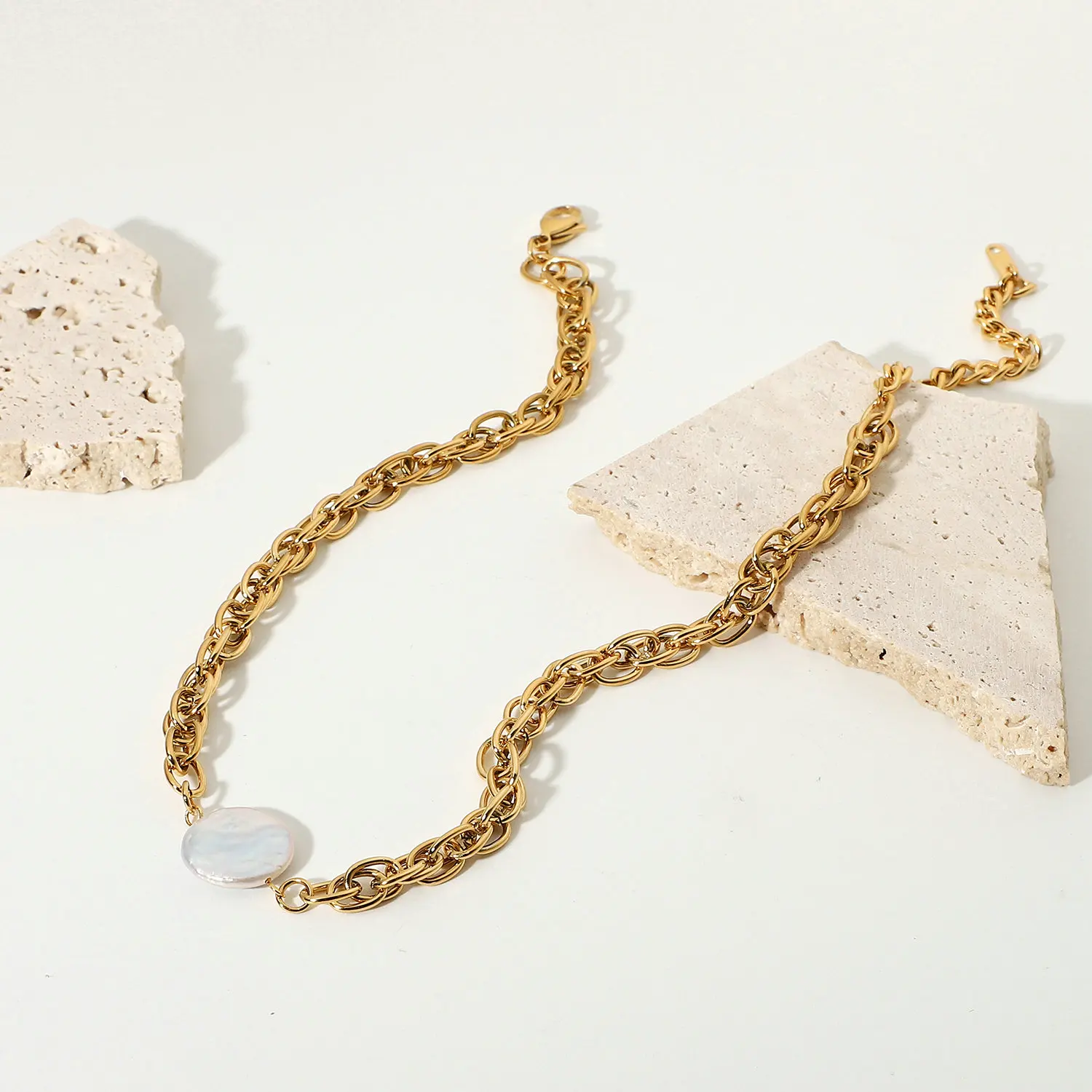 New 18k Gold Plated Stainless Steel Pearl Choker Fashion Rope Chain Freshwater Pearl Necklace