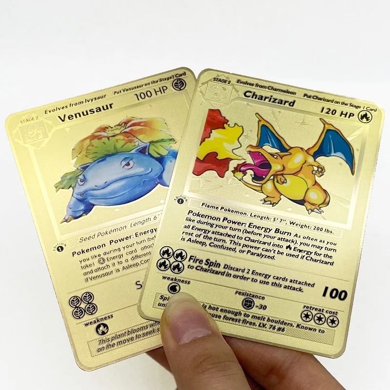 

Gold Metal Pokemon 1st edition Pack Charizard Blastoise Venusaur Trading Game Cards Pikachu Vmax Playing Card