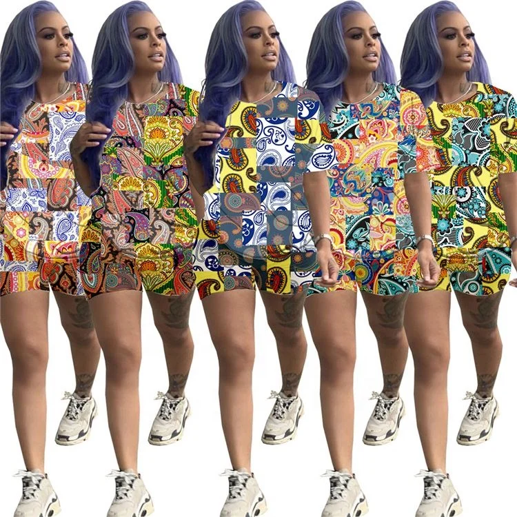 

Custom Casual Colorful Paisley Pattern Print Tshirt Shorts Summer Two Piece Set Women Clothing For Girls Shorts Set