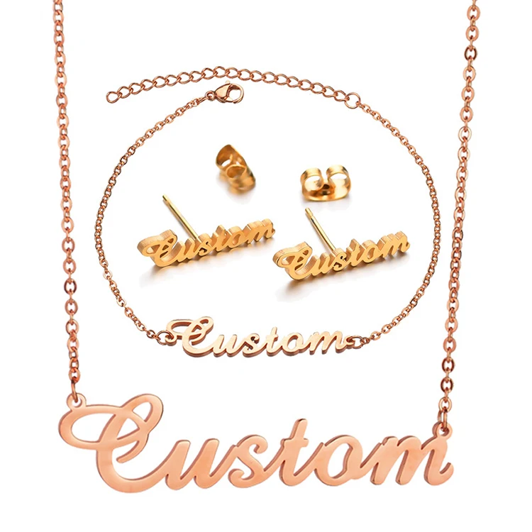 

Customized Name Necklace Stainless Steel Jewelry Letter Studs Earrings Personalized Bangles Anklet, Silver,gold,rose gold