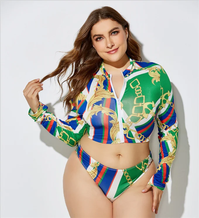 

European and American explosion models conservative printed bikini ladies split long sleeve new swimsuit, Picture