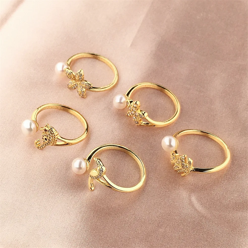 

Fashion Adjustable Freshwater Pearl Cubic Zirconia Flower Leaf Opening Ring Simple 18K Gold Plated Zircon Pearl Finger Rings