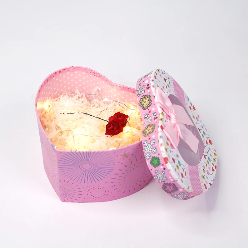 

Colorful In Stock Christmas Cardboard Box Heart Shaped Candy Cookie Gift Box with Bow Window