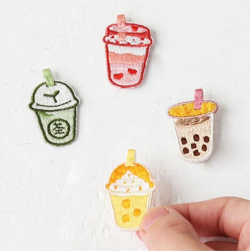 

cute bubble pearl milk tea embroidery patches pins kawaii iron on adhesive boba patch stickers for kid garment bag phone DIY