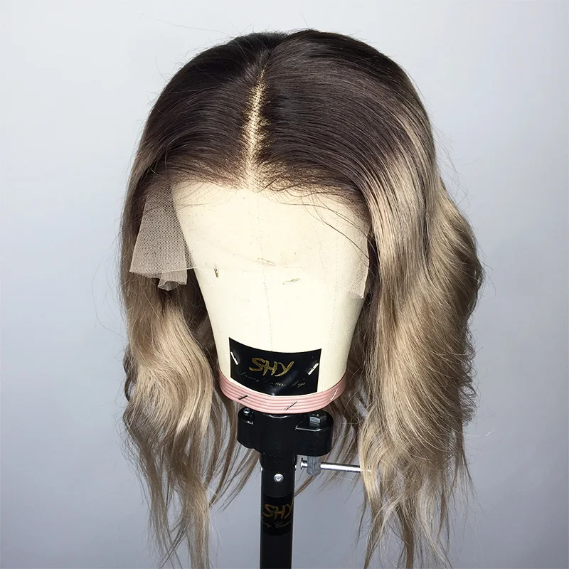 

Short Wavy Human Hair Wig Grey Ombre Lace Front Wig With Black Roots Brazilian Virgin Hair Wig