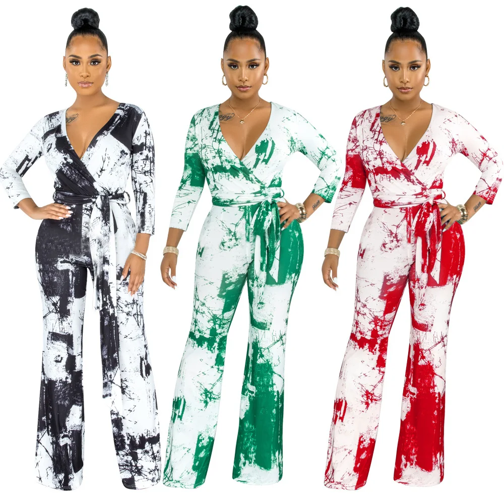

2021Fall And Winter Hot Sale New Style Women'S Clothing Fashion Print V-Neck With Belt Wide-Leg Jumpsuit