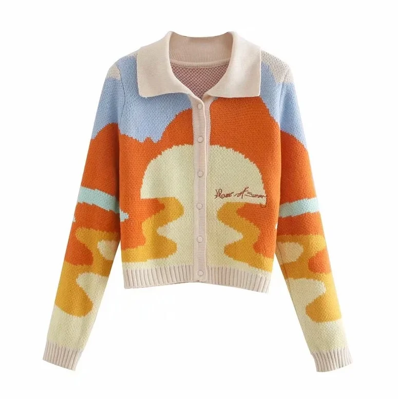 

Women Autumn Vintage French Style Sunshine Print Short Knitted Sweater Chic Lady Fashion Single Breasted Loose Cardigans Femme