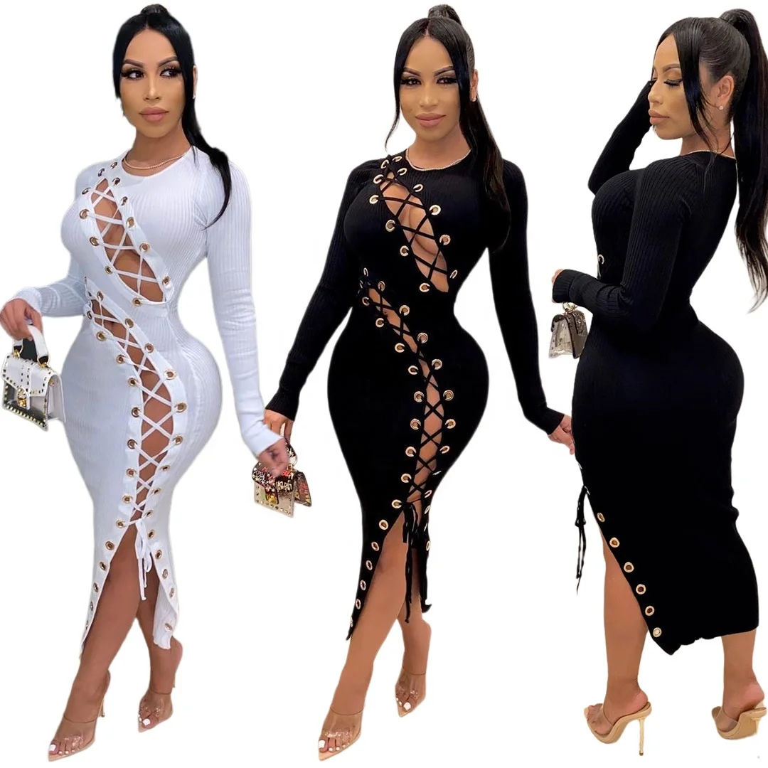 

B63437A European and American style sexy slim hollow-out bandage fashion lady dress