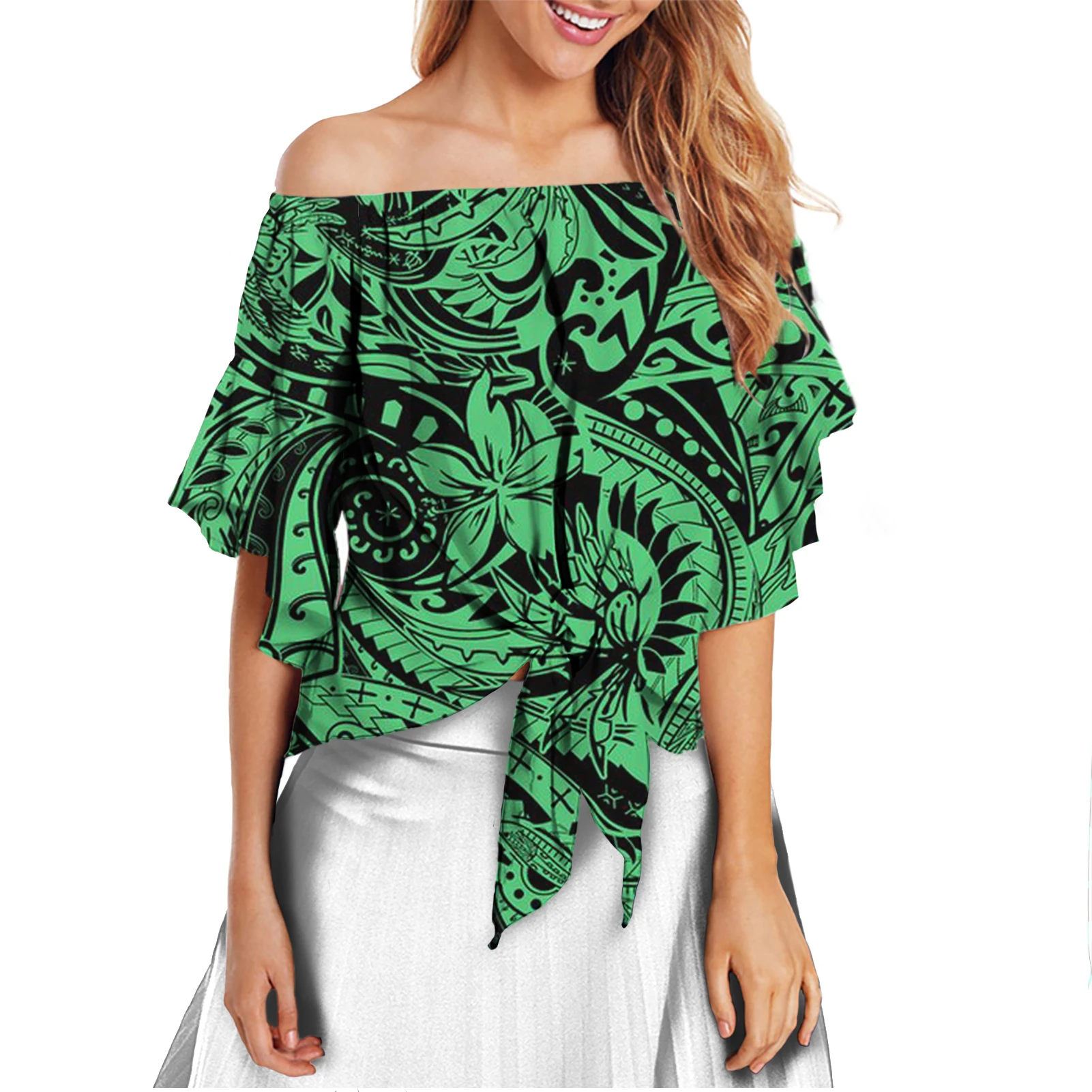 

Big Size Polynesian Tribal Print Women Blouses Elegant Femme Ladies Summer Short Sleeve Elegant Tie Knot Woman Blous Shirts