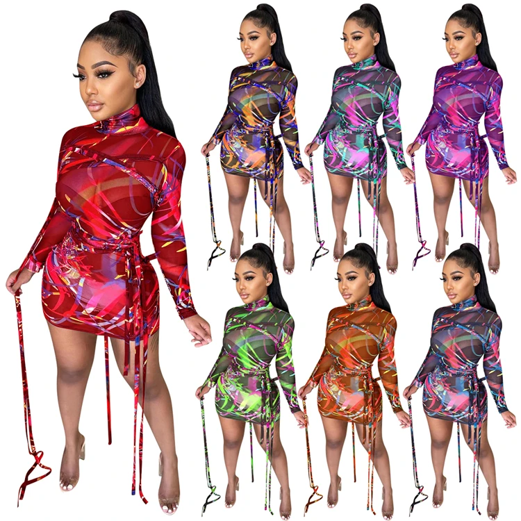 

New Arrivals High Quality Spring 2021 Women Casual Fashion Clothing Mesh Print Elegant Sexy Party Dresses