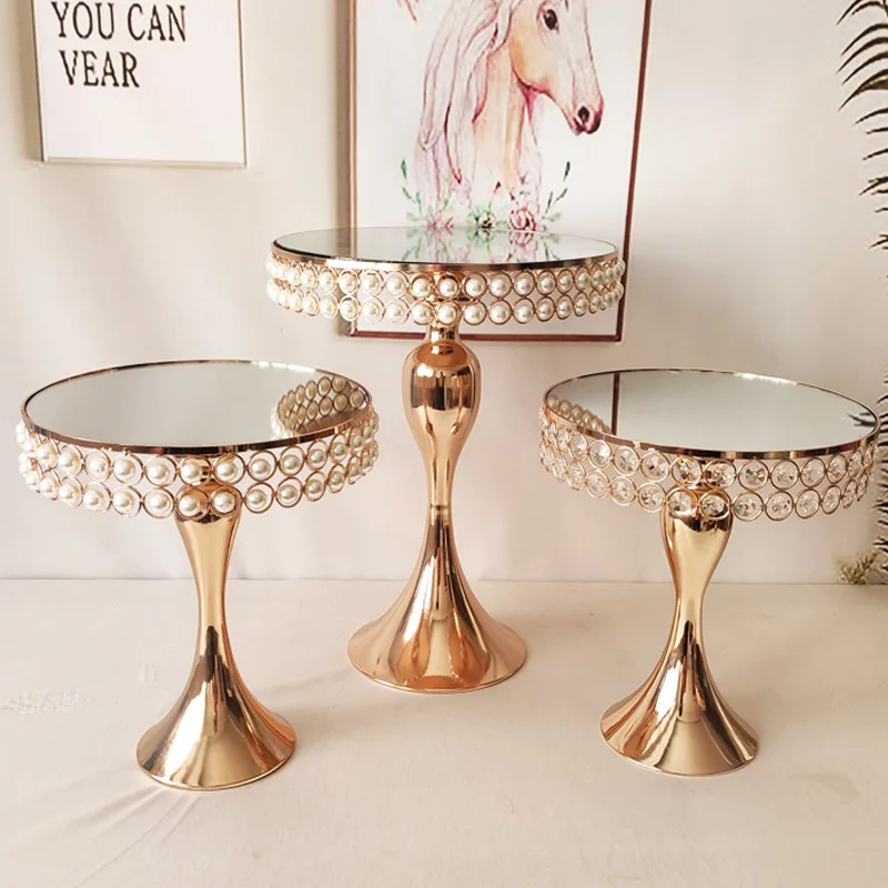 

Luxury Pearl Crystal Mirror Cake Stand Birthday Party Dessert Display Wedding Decor Round Gold Cake Pedestal Metal cake Stand