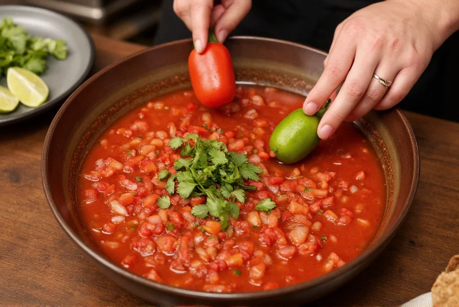 Chef's hands preparing fresh salsa with diced red Fresno chilies, tomatoes, onions, and cilantro in a ceramic bowl