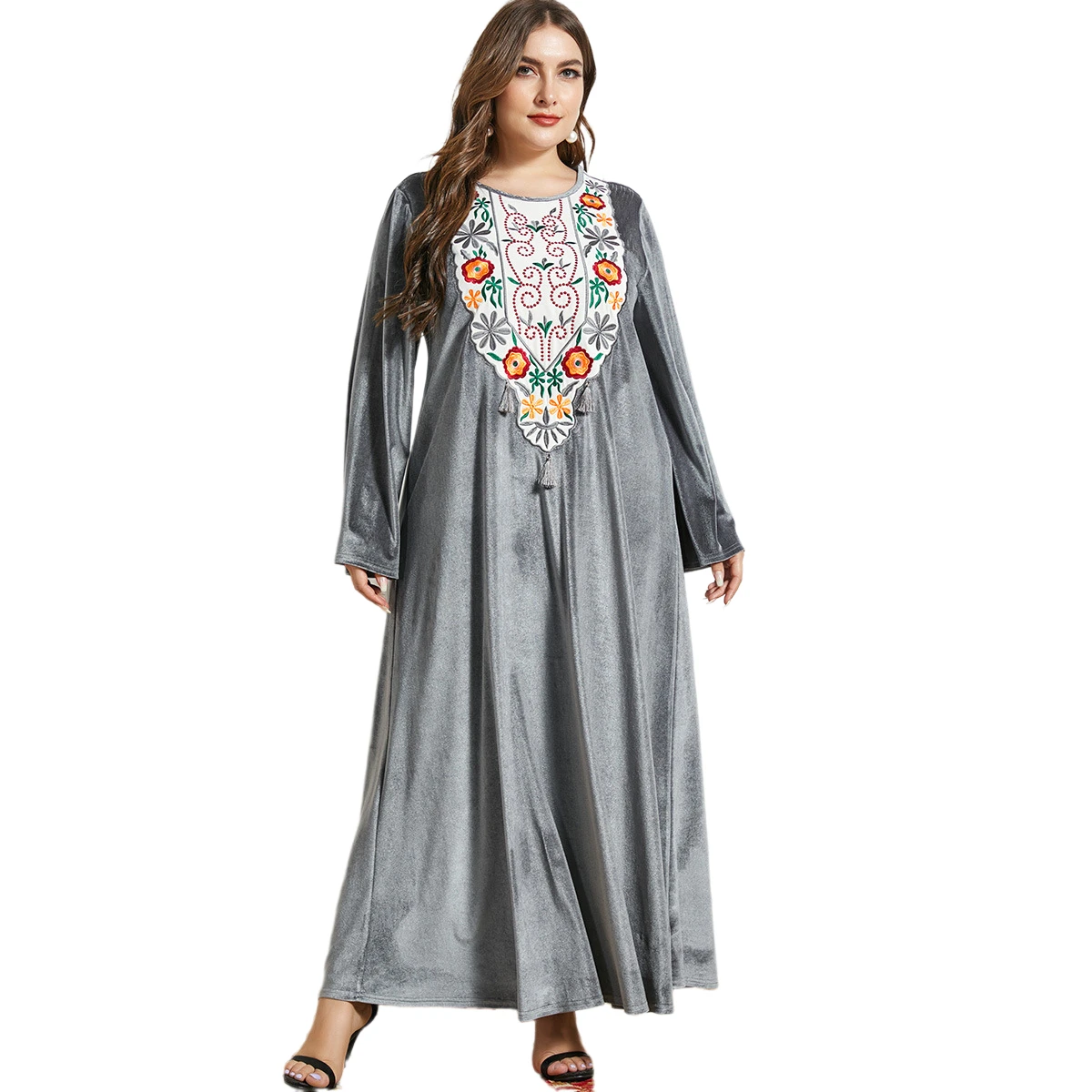 

Cheap muslimah clothing abaya muslim dresses velvet muslim winter dresses plus size moroccan kaftan, Gray