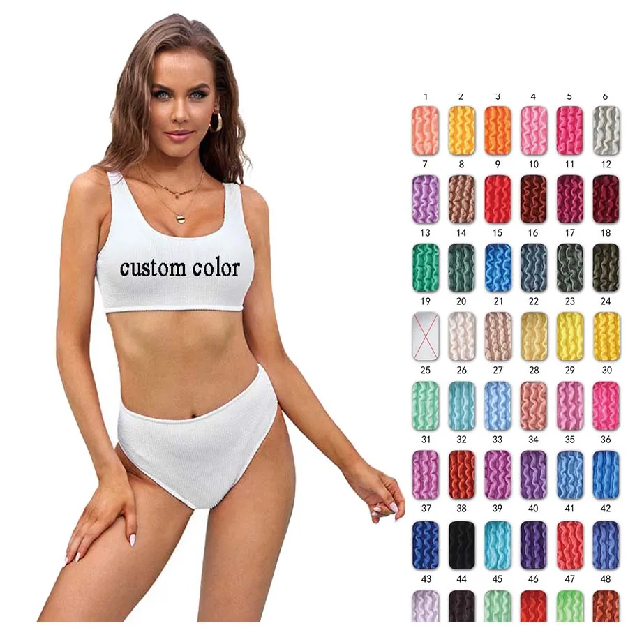 

Custom Private Label Color Ribbed Jacquard Crinkle Fabric Sexy Women Bikini Swimwear