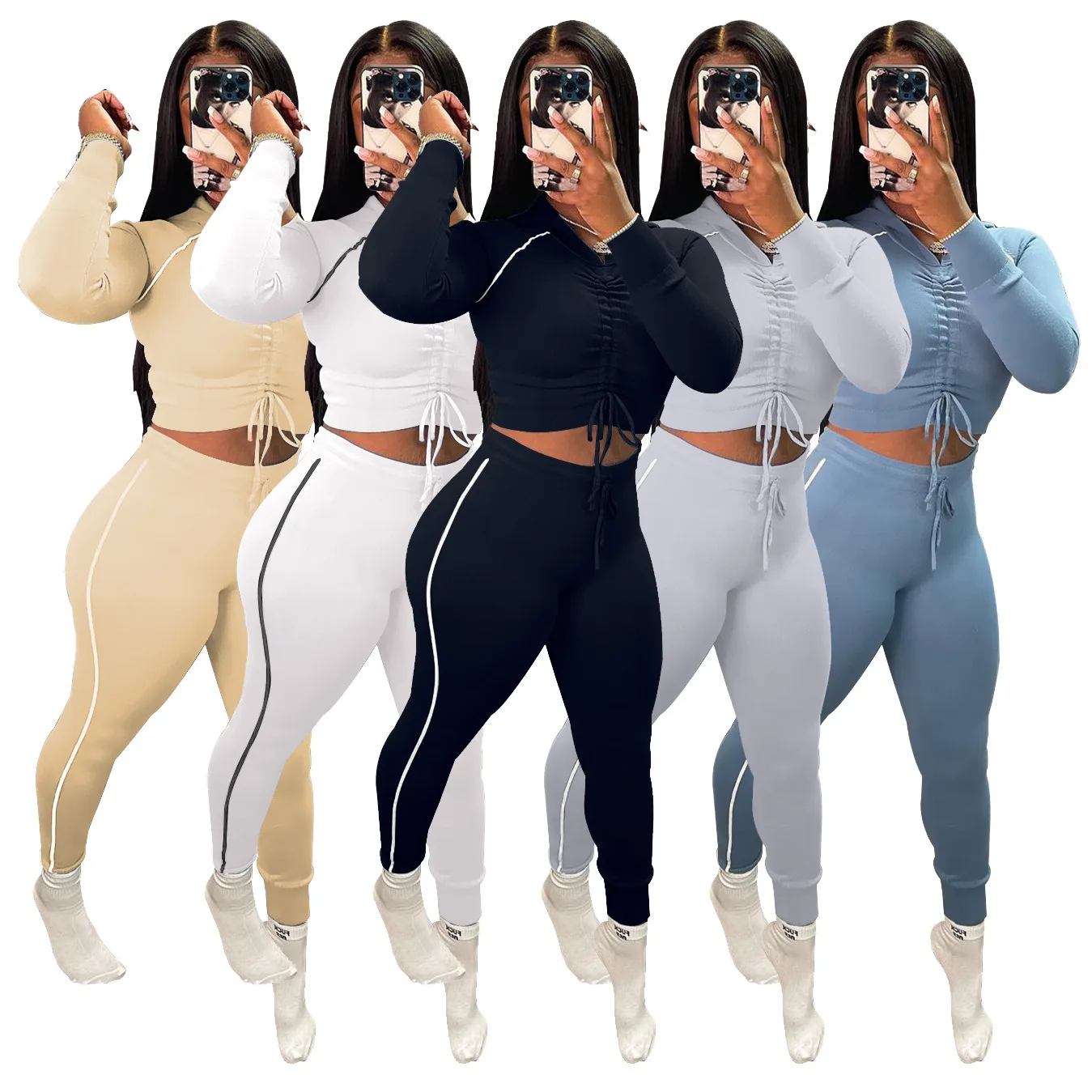 

LvCong 2022 lady stripes elasticity long pant track suit pure color long sleeves pleats tank top hood sweat suit