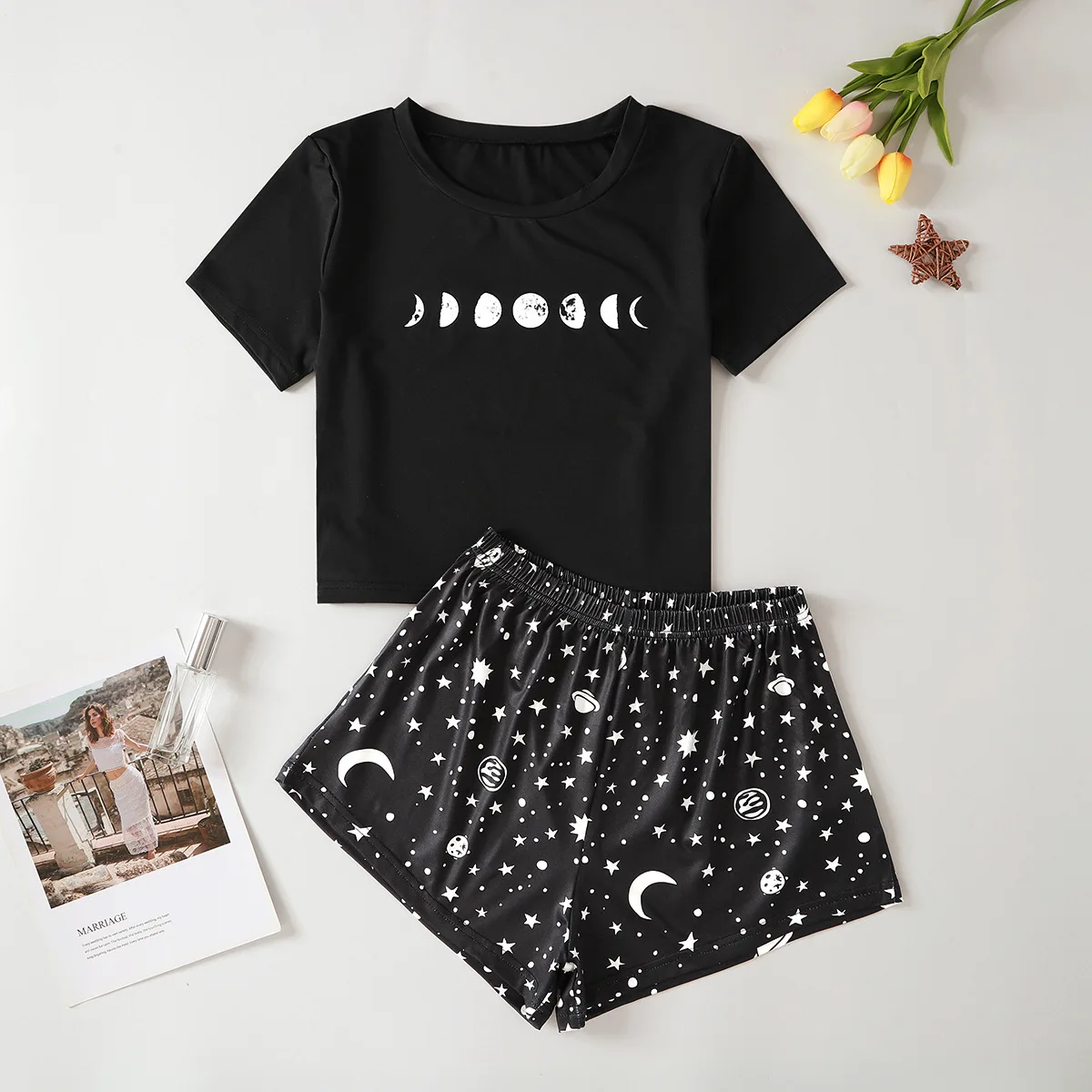 

New Arrival Fashion Sun Moon Star Print Sleep Wear Cotton Shorts 2 Piece Set Women Pajamas, 2colors