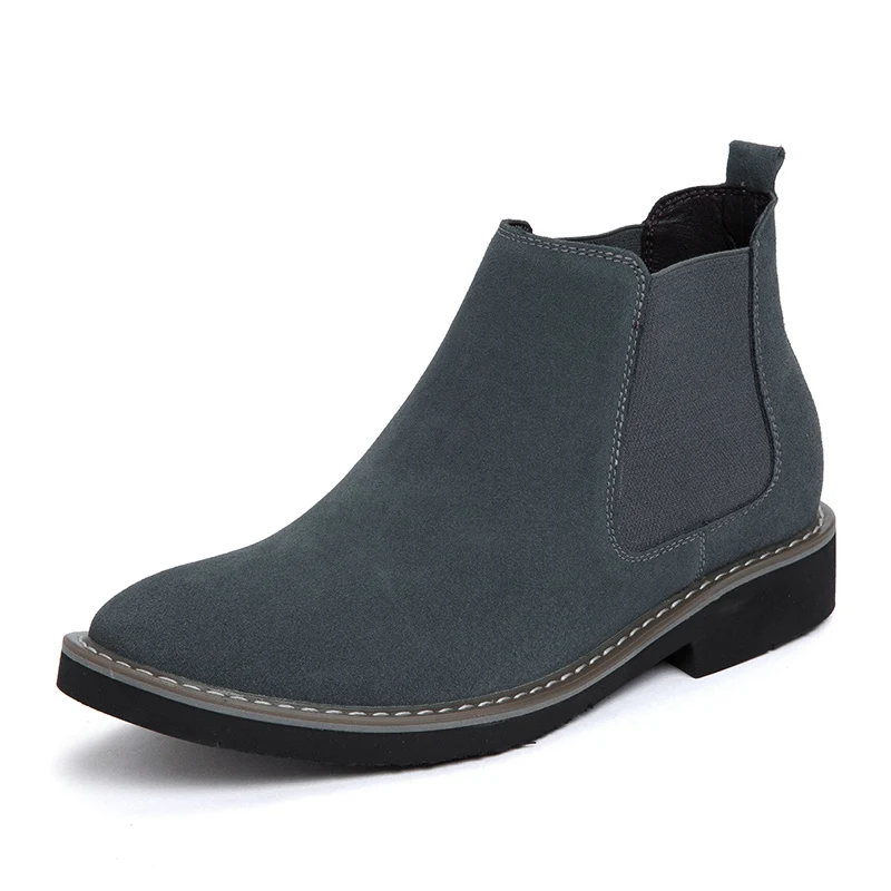 

Men Genuine Leather Shoes High Cut Height Increasing Fashion Design Performance Chelsea Boots Men Suede, Grey,black